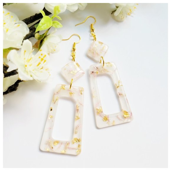 Statment Earrings Gold Pastel Pink Floral Milk Bath Handmade Geometric Dangle - Picture 3 of 11